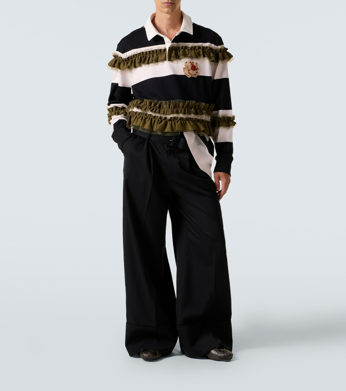 Simone Rocha Ruffled striped cotton polo shirt