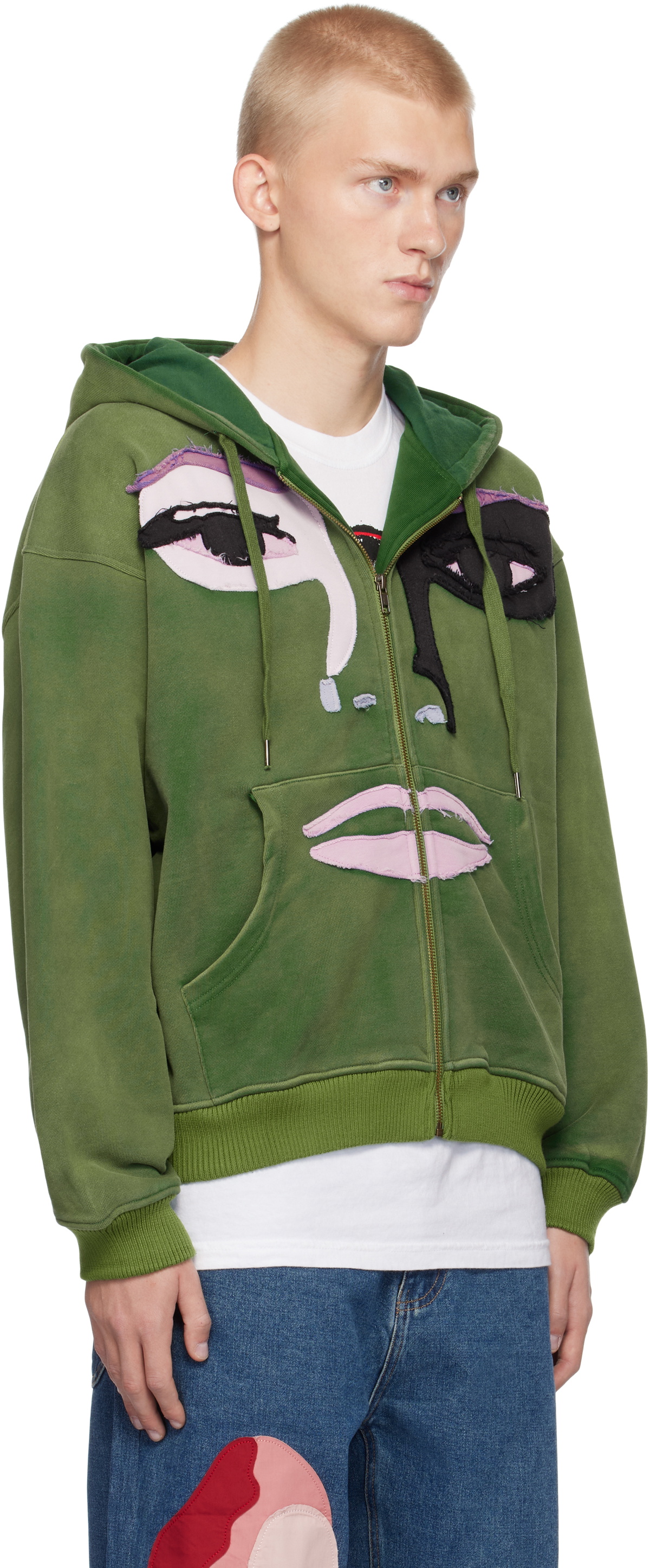 KidSuper Green Patchwork Face Washed Zip Hoodie