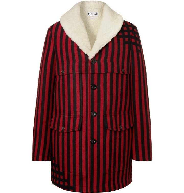 Photo: Loewe - Shearling-Lined Striped Wool and Silk-Blend Jacquard Coat - Men - Red