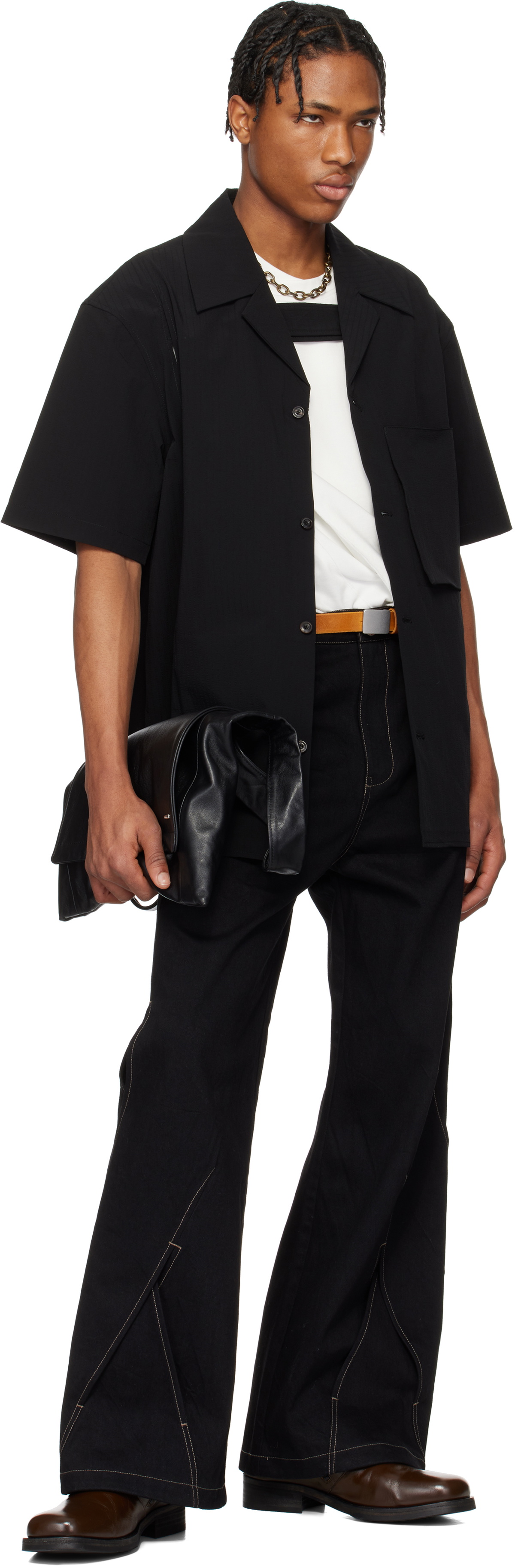 NULLUS Black Dry Button Strap Short Sleeve Shirt
