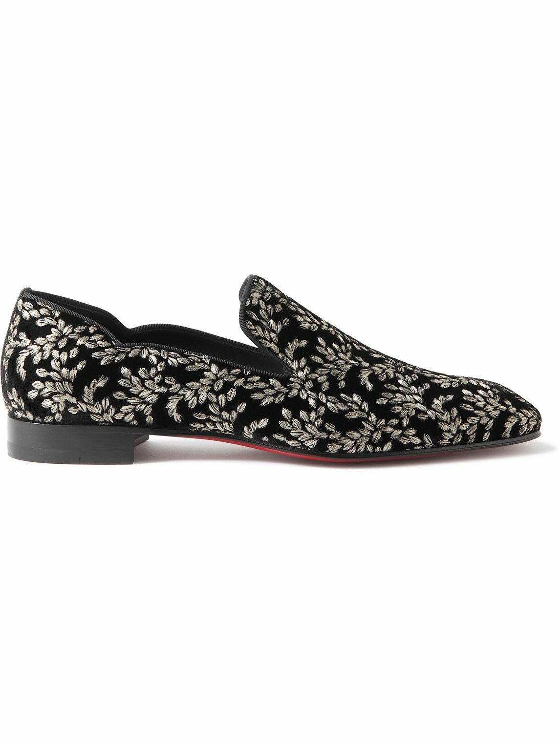 Photo: Christian Louboutin - Dandy Chick Grosgrain-Trimmed Embroidered Velour Loafers - Black