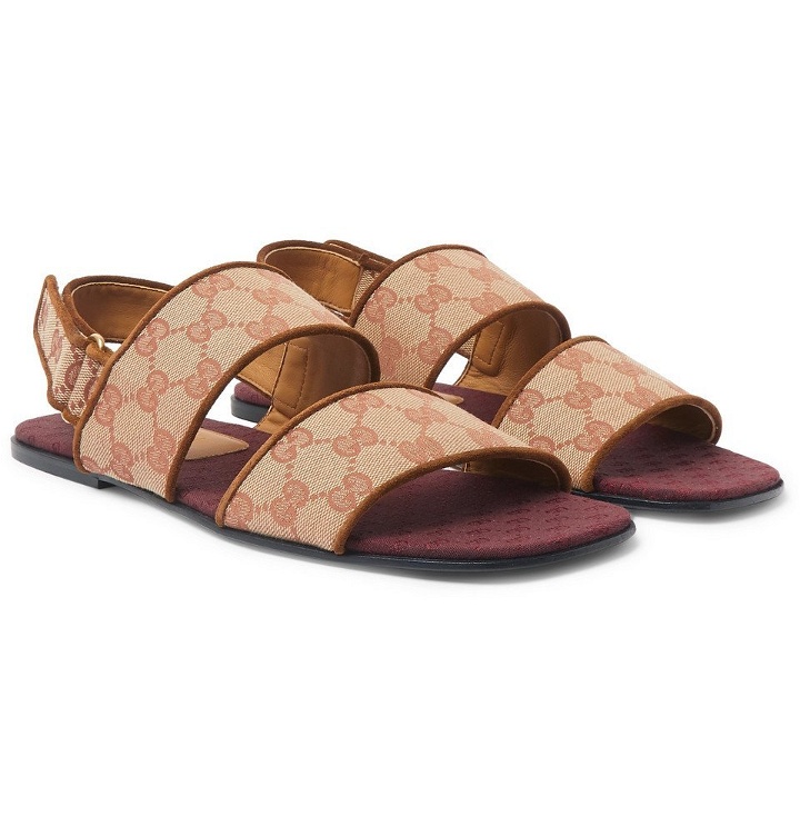 Photo: Gucci - Suede-Trimmed Monogrammed Canvas Sandals - Light brown