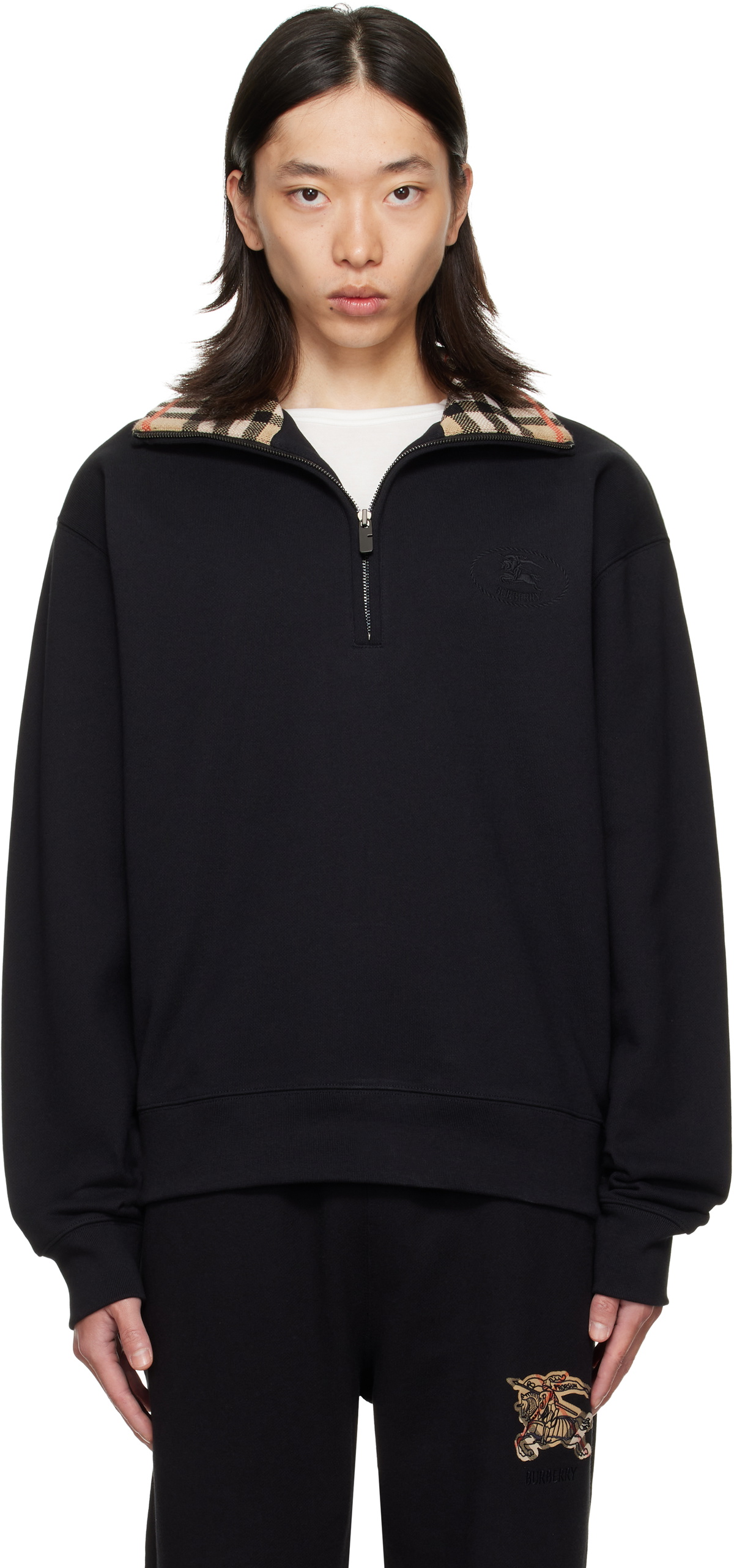 Burberry Black Check Collar Half-Zip Sweatshirt