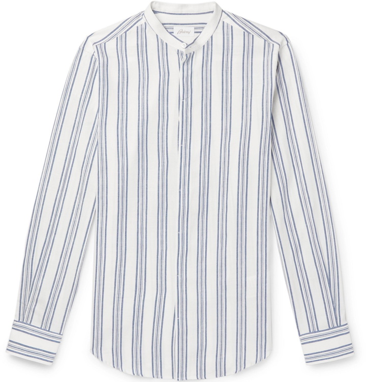 Photo: Brioni - Grandad-Collar Striped Cotton and Linen-Blend Shirt - White