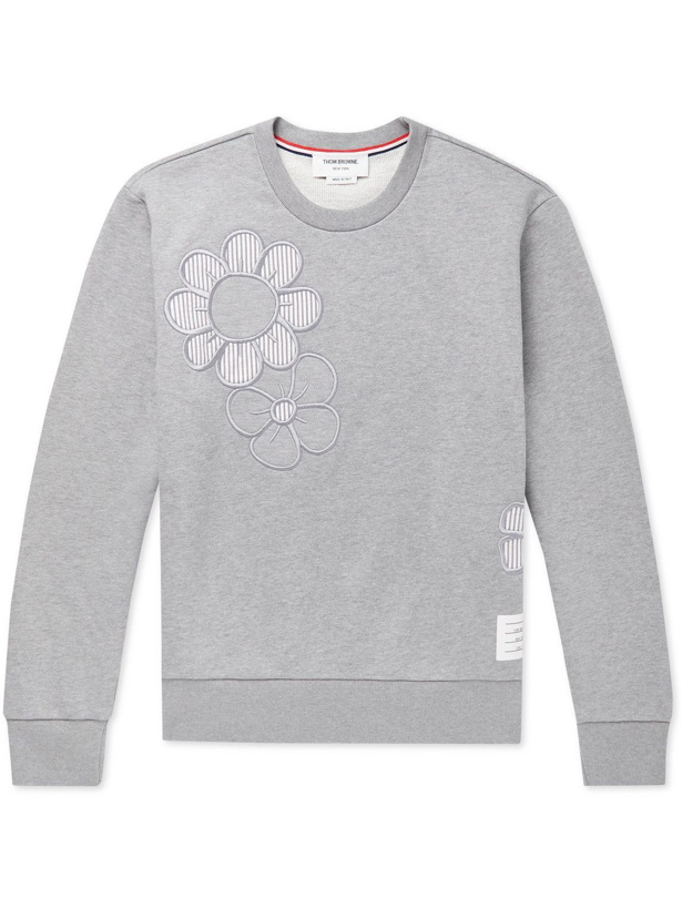 Photo: Thom Browne - Embroidered Seersucker-Trimmed Cotton-Jersey Sweatshirt - Gray