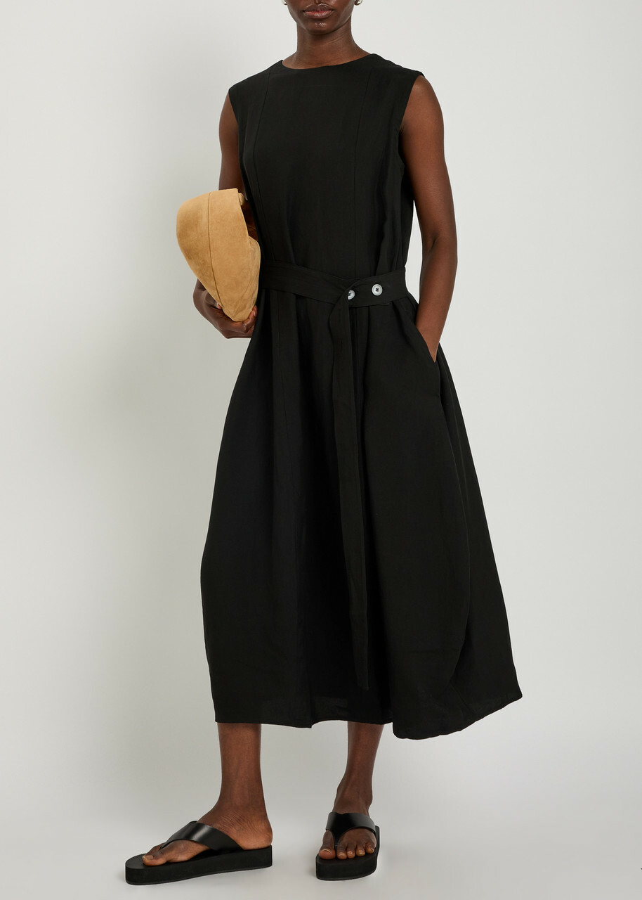 Studio Nicholson Belted Woven Midi Dress Black