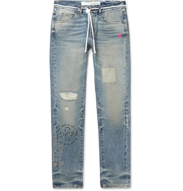 Photo: Off-White - Slim-Fit Embellished Distressed Denim Jeans - Blue