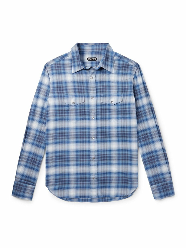 Photo: TOM FORD - Slim-Fit Checked Cotton-Poplin Shirt - Blue