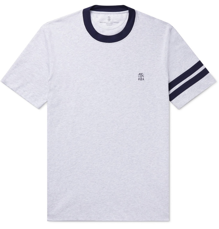 Photo: Brunello Cucinelli - Slim-Fit Logo-Embroidered Striped Cotton-Jersey T-Shirt - Gray