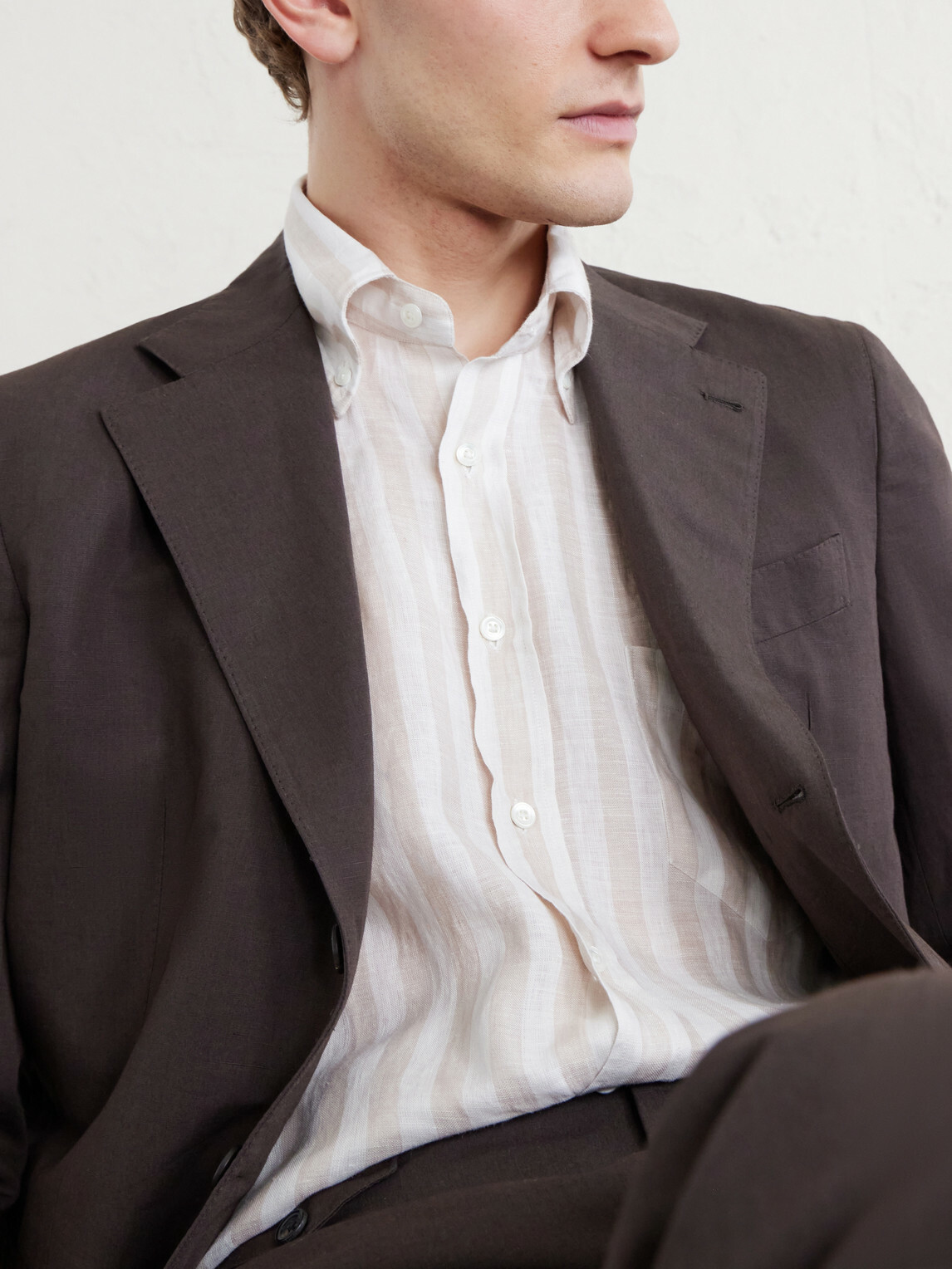 J. Mueser - Button-Down Collar Striped Linen Shirt - Brown