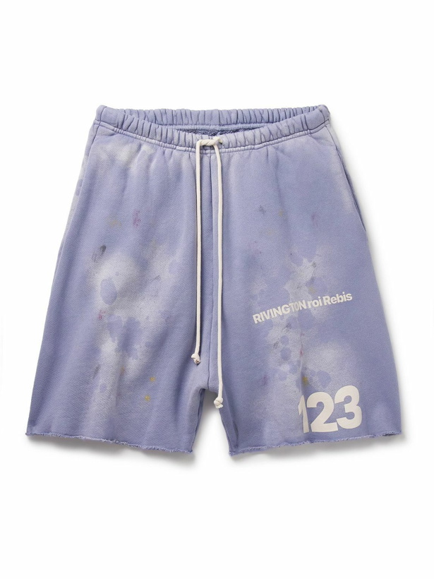 Photo: RRR123 - Gym Bag Straight-Leg Logo-Print Paint-Splattered Cotton-Jersey Drawstring Shorts - Purple