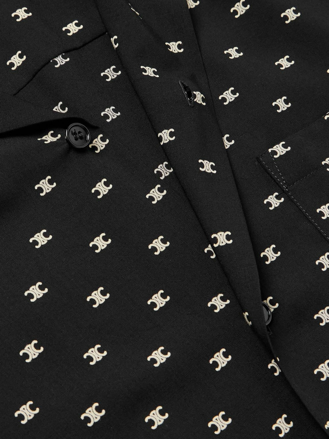 CELINE - Convertible-Collar Logo-Print Silk-Satin Shirt - Black