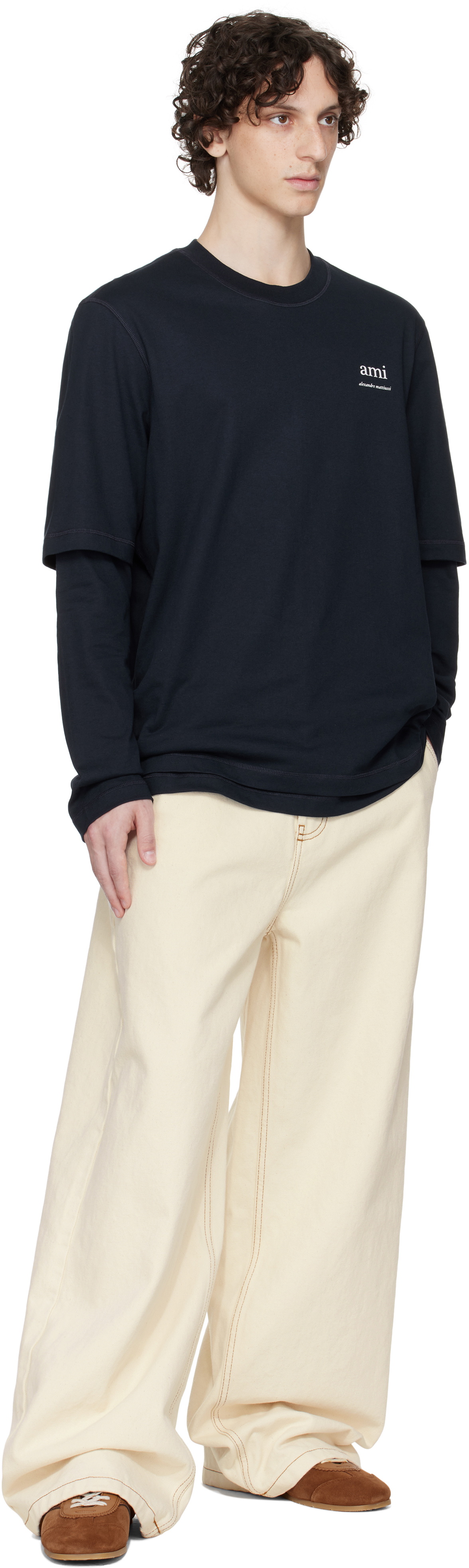 AMI Paris Beige Cotton Wide Fit Jeans AMI