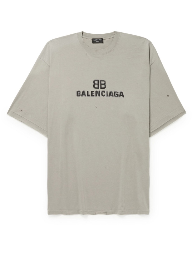 Photo: BALENCIAGA - Distressed Logo-Print Cotton-Jersey T-Shirt - Gray