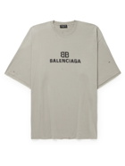 BALENCIAGA - Distressed Logo-Print Cotton-Jersey T-Shirt - Gray