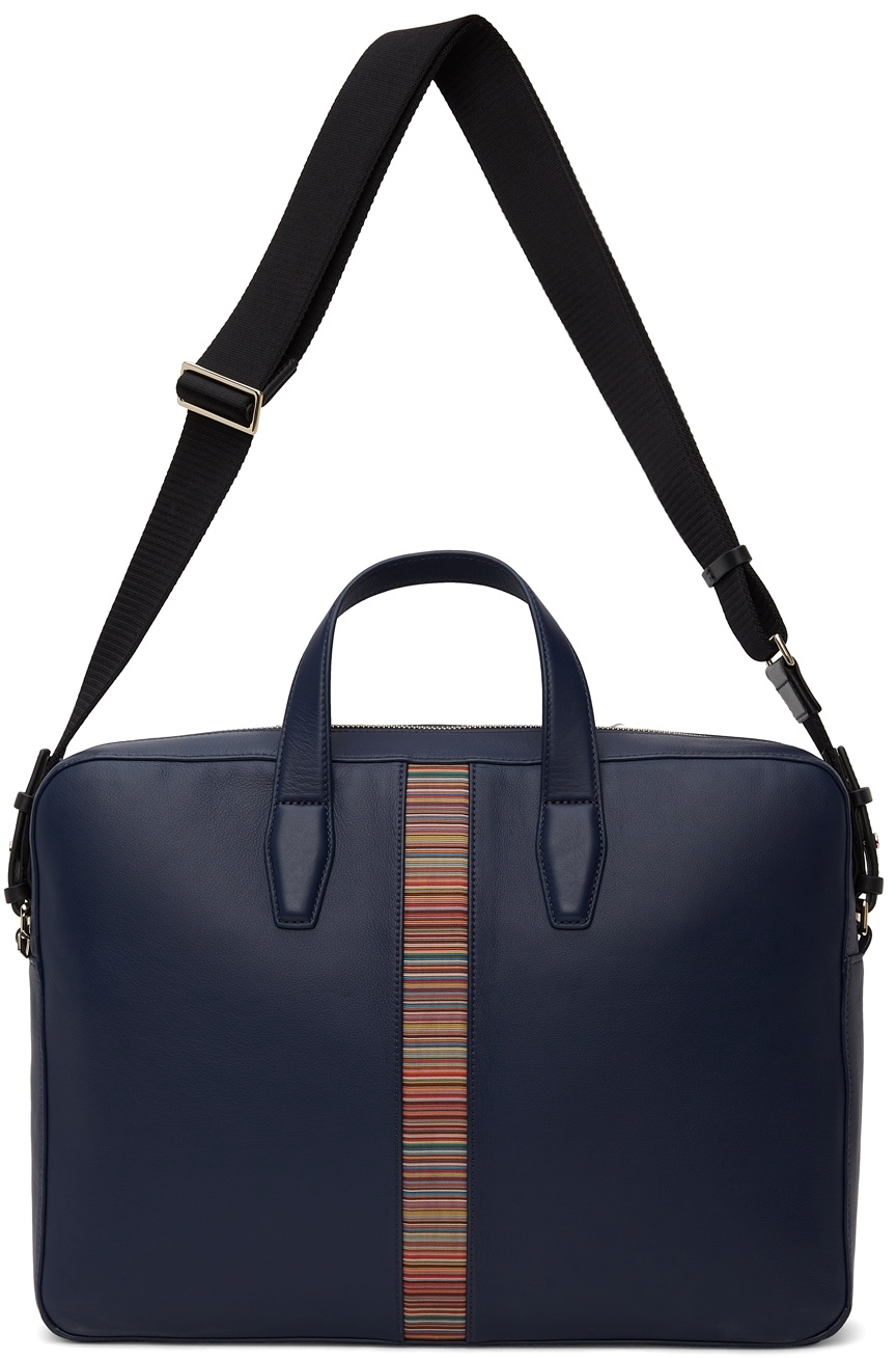 PAUL SMITH NAVY BLUE/BRIGHT STRIPE CONCERTINA LEATHER BRIEFCASE RETAIL BNWT