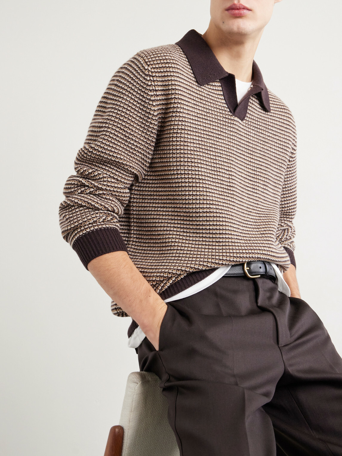 Lardini - Striped Camp-Collar Wool and Cashmere Blend Sweater - Brown