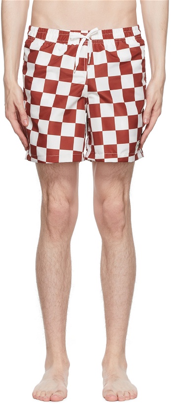 Photo: Bather Red & Off-White Polyester Check Swim Shorts