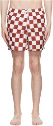 Bather Red & Off-White Polyester Check Swim Shorts