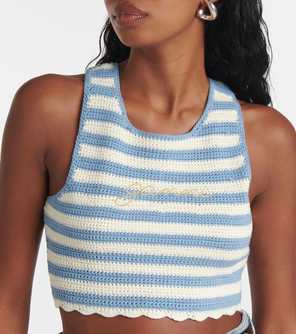 Ganni Striped cotton crochet crop top GANNI