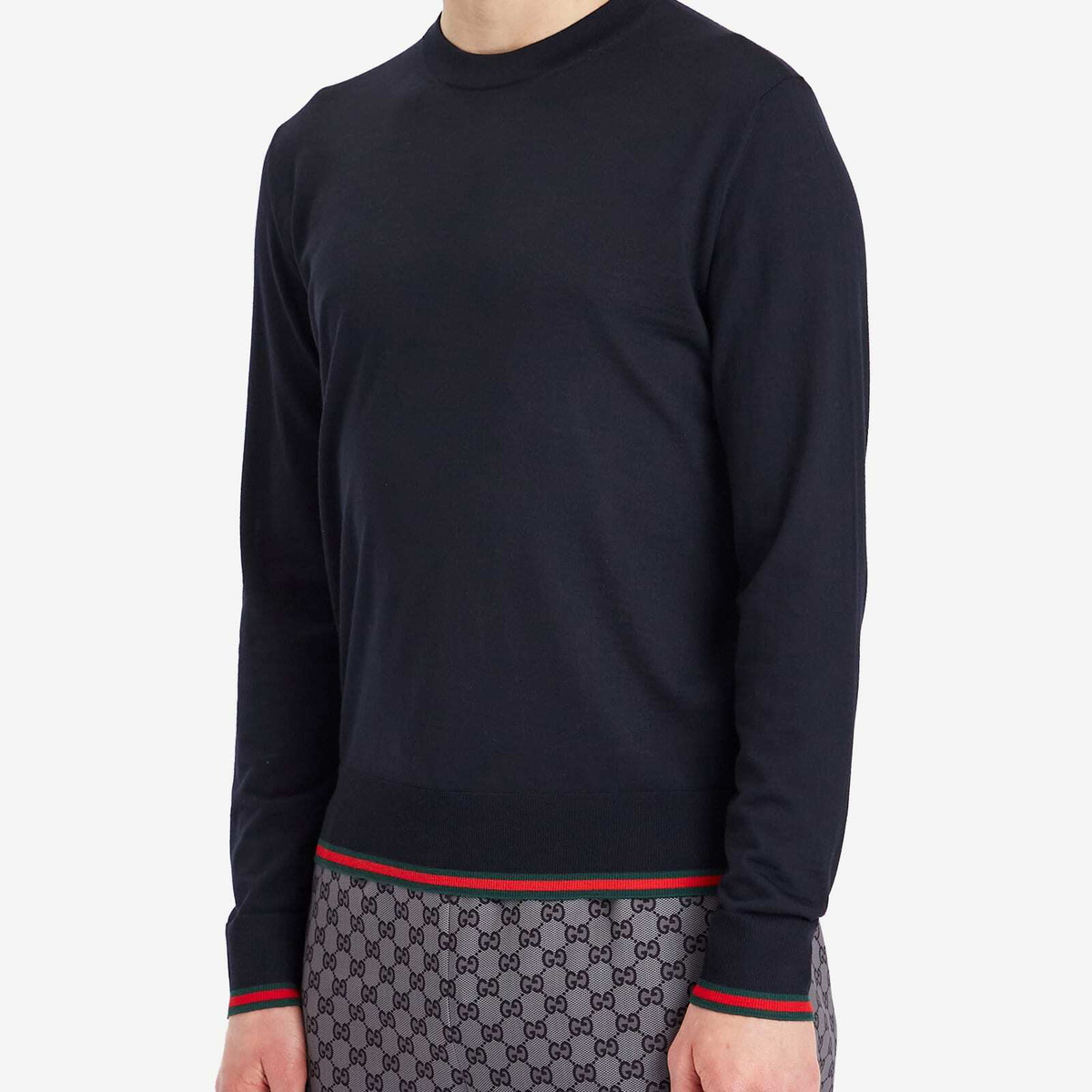 Gucci Men's Fine Gauge Wool Crew Neck Knit in Ink/Green/Red