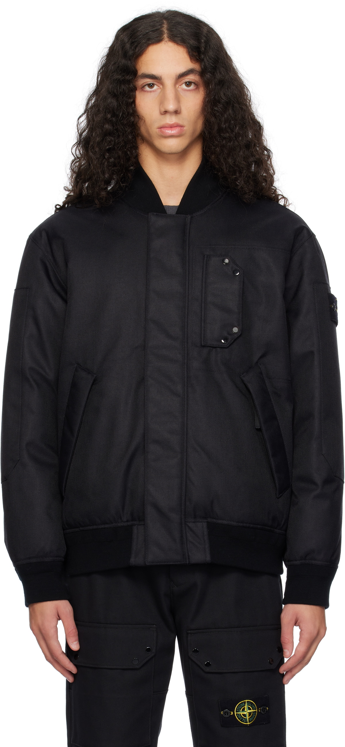 Stone Island Black 46536 Diagonal Nylon Down Bomber Jacket