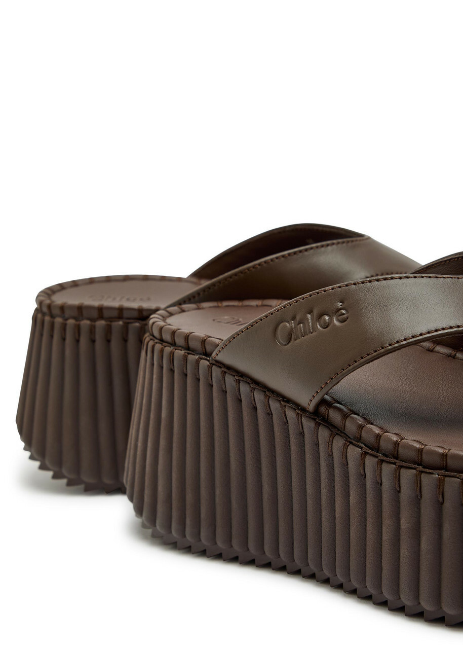 Chloe Nama 80 Leather Wedge Thong Sandals Brown
