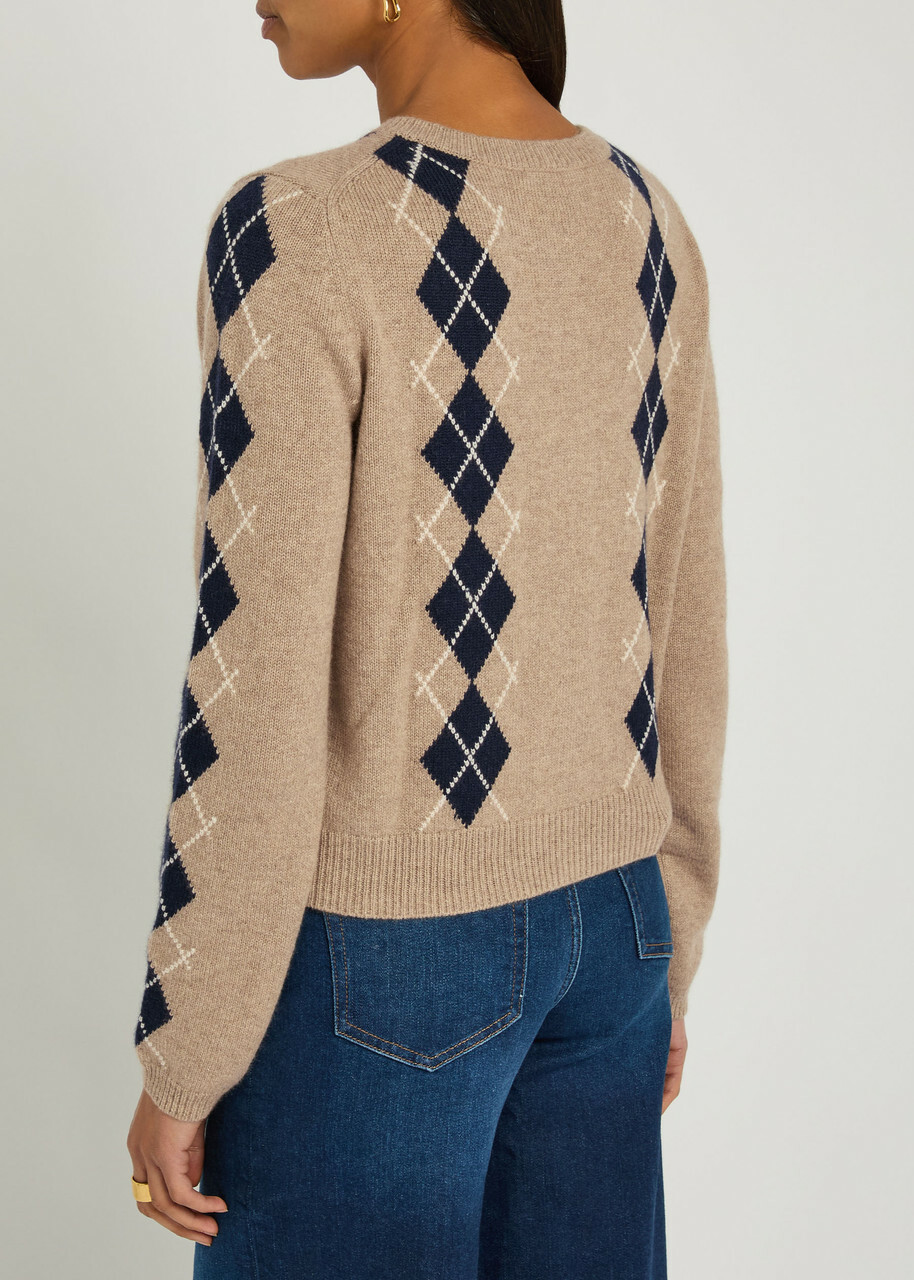 Reformation Clara Argyle Cashmere Cardigan Beige