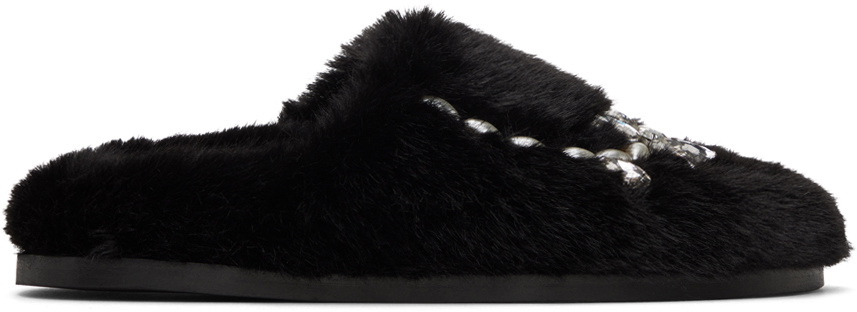 Simone Rocha Black Embellished Furry Slippers Simone Rocha