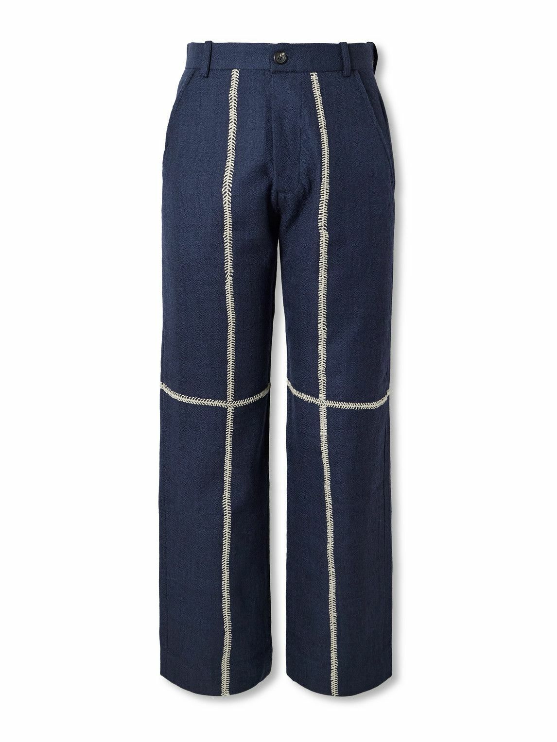 Kartik Research - Rabari Straight-Leg Embroidered Textured-Wool Trousers - Blue