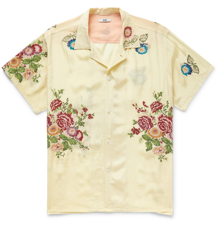 Photo: BODE - Camp-Collar Embroidered Washed-Satin Shirt - Neutrals