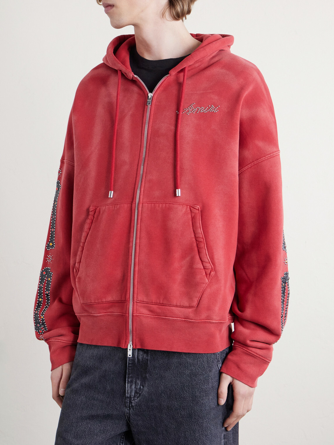 AMIRI - Studded Cotton-Jersey Zip-Up Hoodie - Red