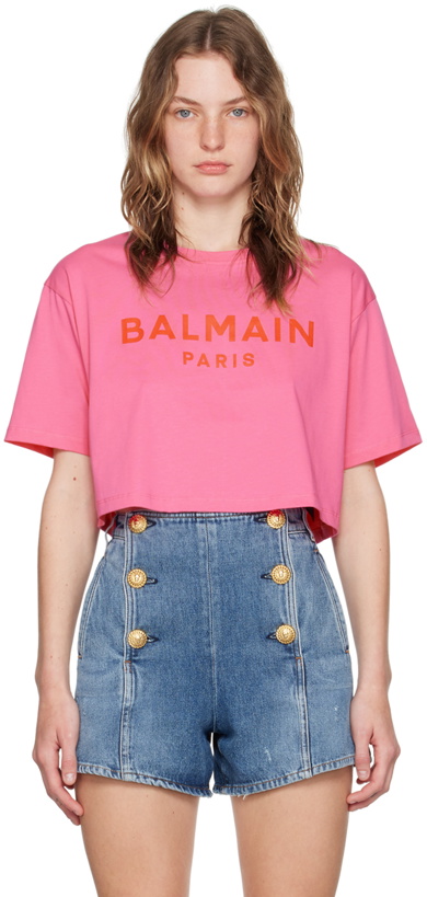 Photo: Balmain Pink 'Balmain Paris' Cropped T-Shirt