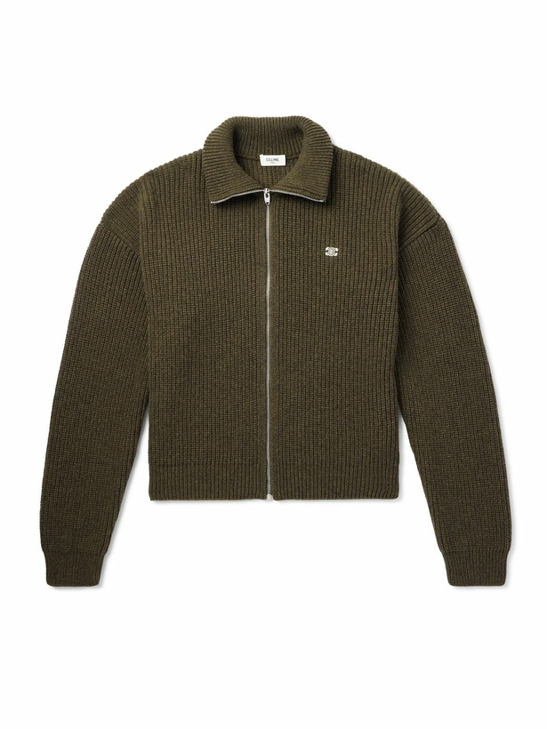 Photo: CELINE - Logo-Embroirdered Ribbed Wool Zip-Up Cardigan - Green