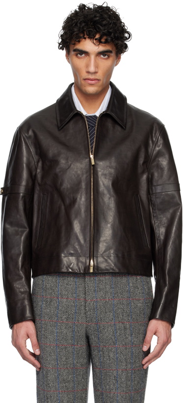 Photo: Thom Browne Brown Zip Front Armband Leather Jacket