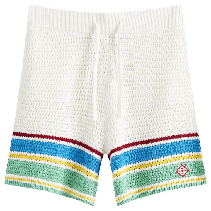 Photo: Casablanca Men's Crochet Tennis Shorts in White/Blue Multi