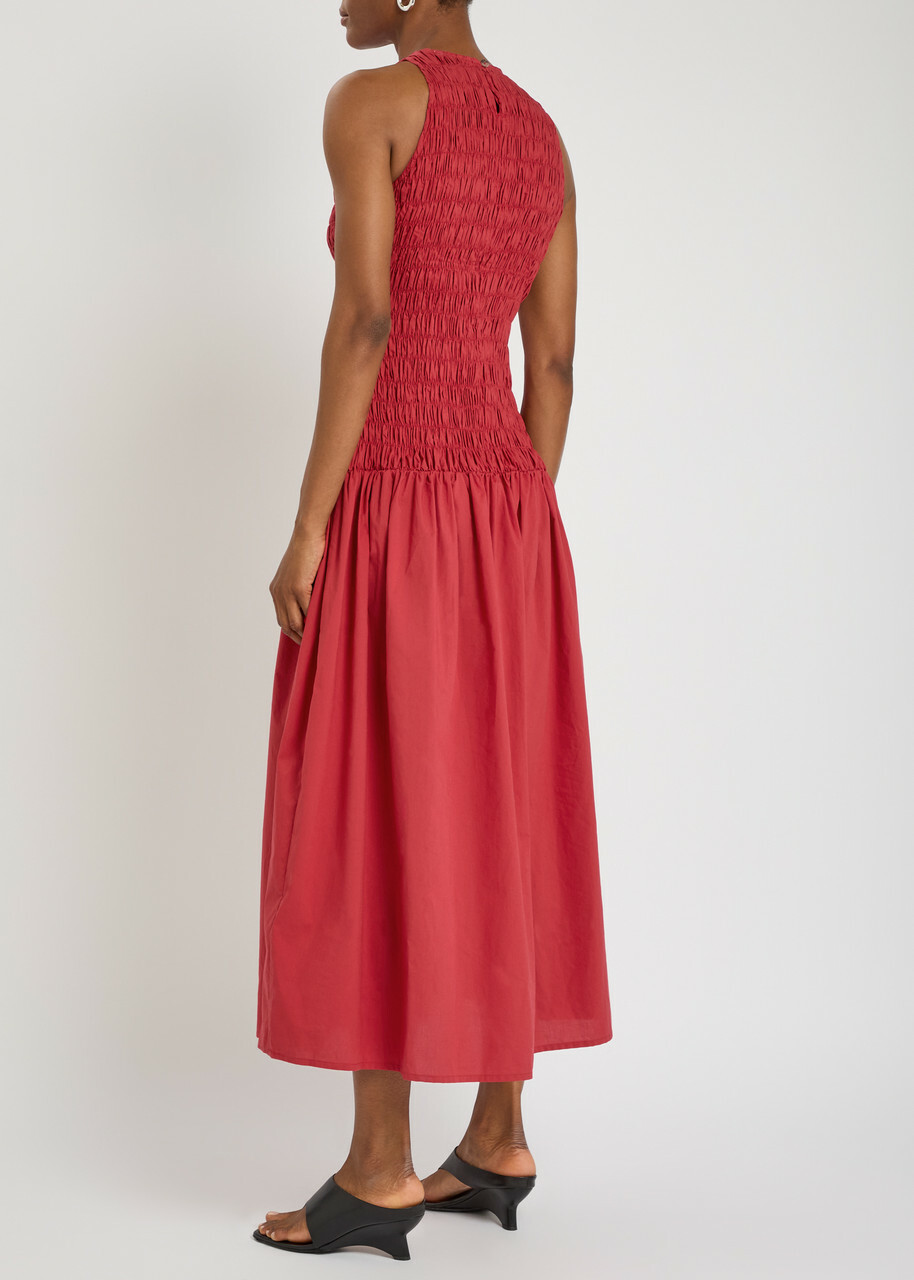 Faithfull The Brand Sanchia Shirred Cotton Midi Dress Red
