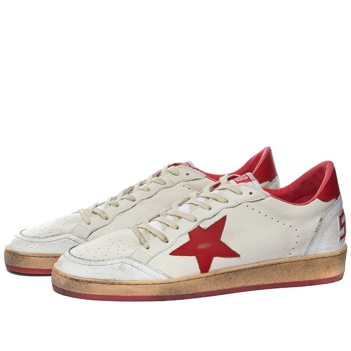 Photo: Golden Goose Men's Ball Star Leather Sneakers in White/Strawberry Red