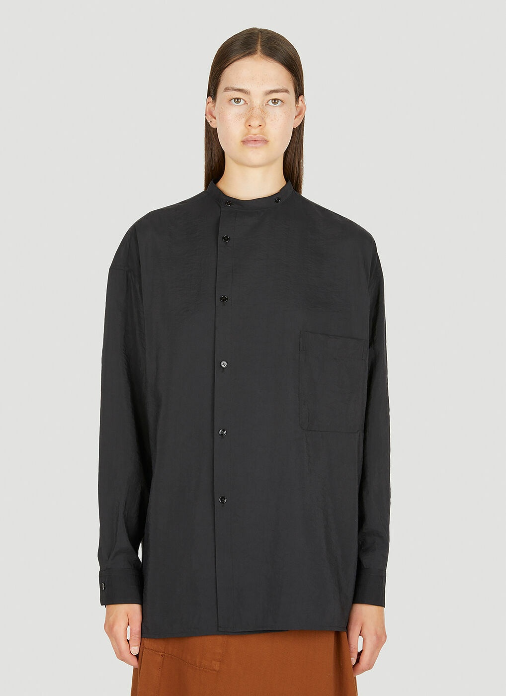 Collarless Button Down Shirt in Black Lemaire