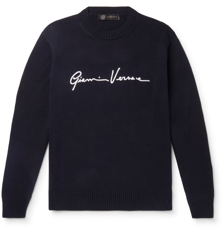 Photo: Versace - Logo-Embroidered Cotton Sweater - Blue