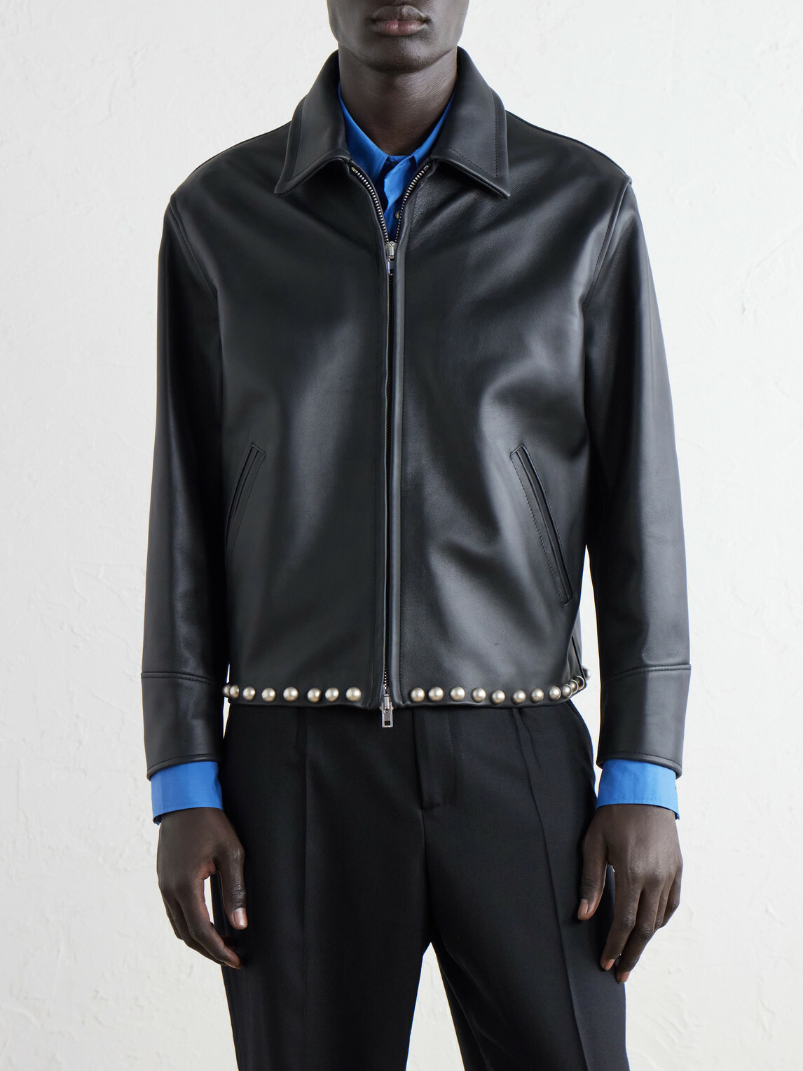 SECOND / LAYER - Rider Embellished Leather Jacket - Black