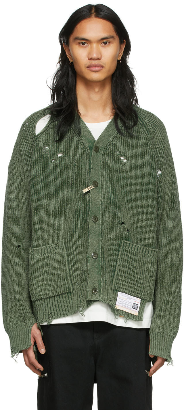 Miharayasuhiro Khaki Bleached Knit Cardigan Miharayasuhiro