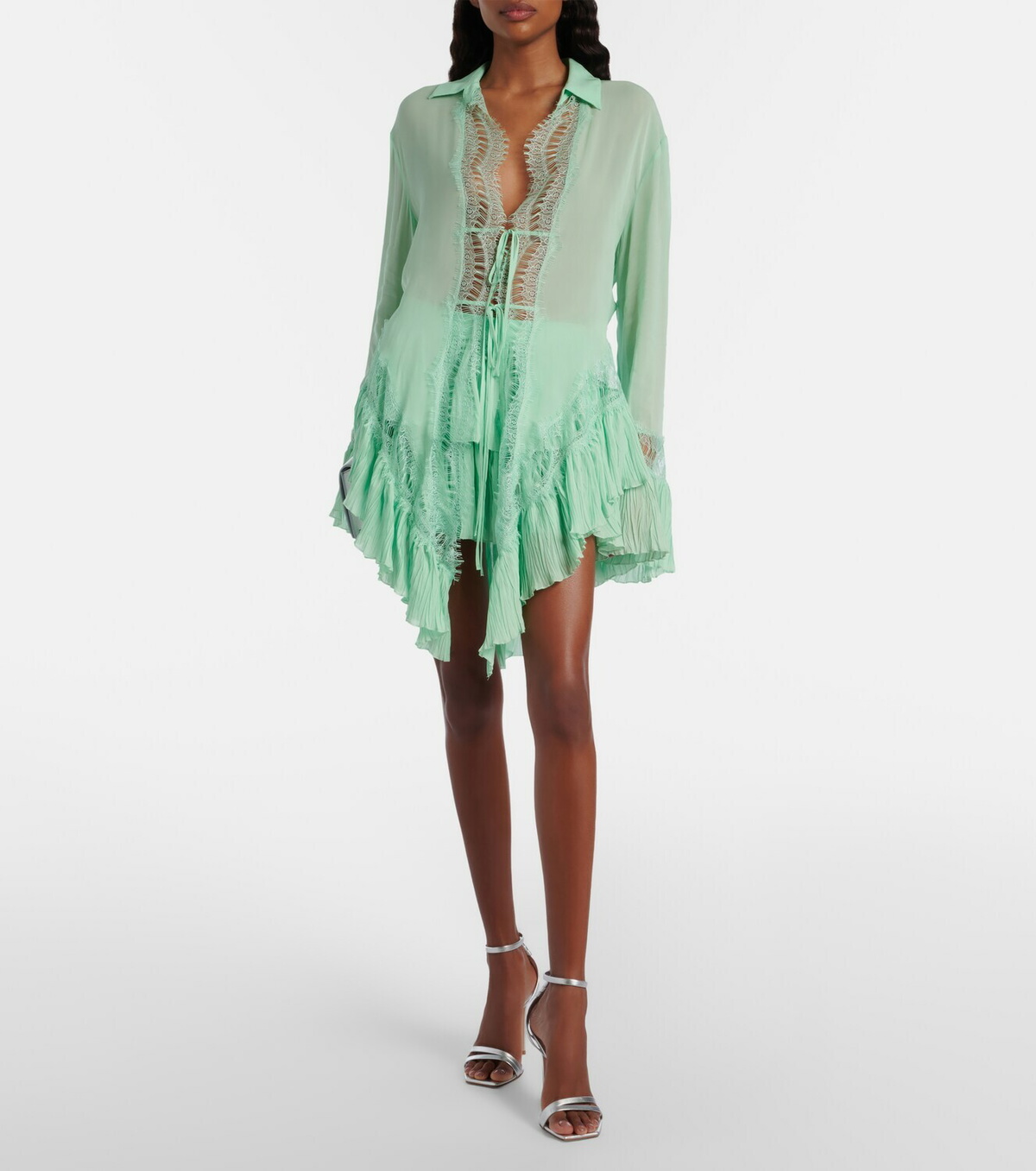 Blumarine Lace-trimmed sheer georgette shirt
