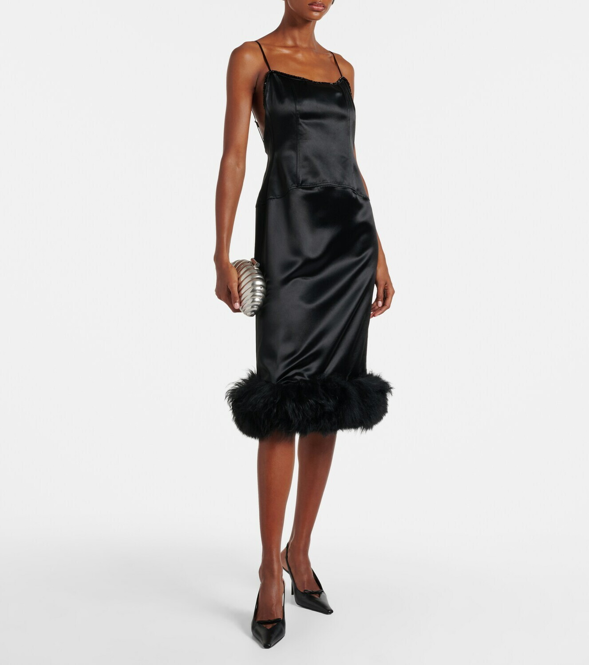 Jacques Wei Shearling-trimmed satin slip dress