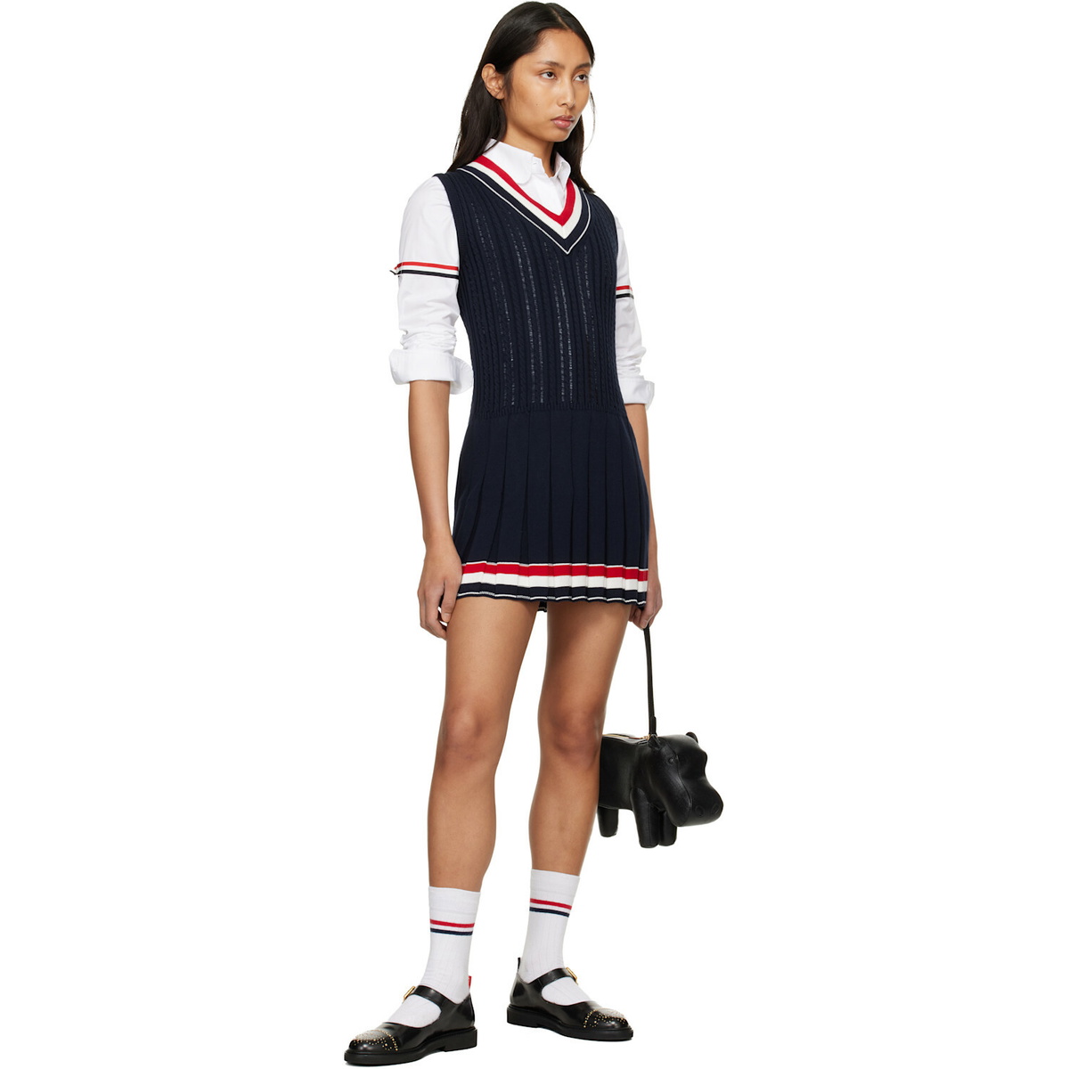 Thom Browne Navy Cricket RWB Stripe Baby Ladder Cable Minidress