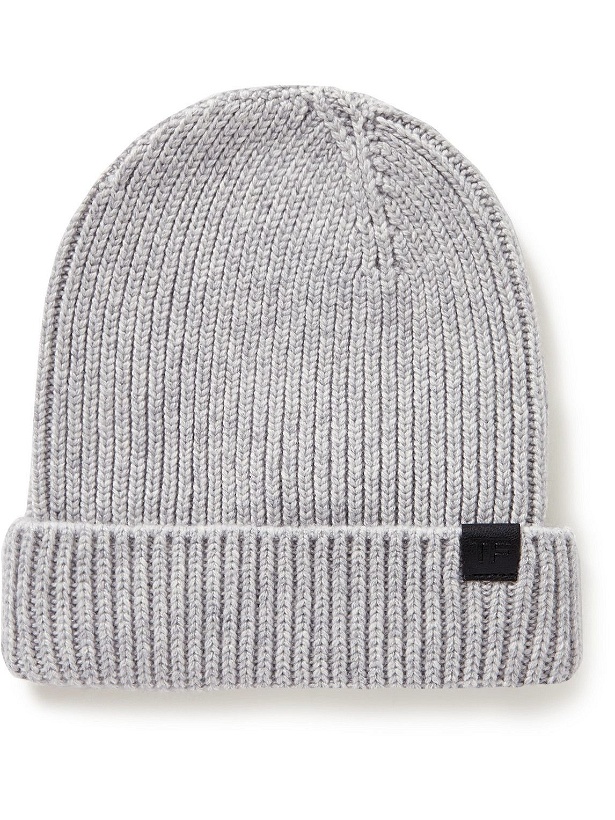 Photo: TOM FORD - Leather-Trimmed Ribbed Cashmere Beanie - Gray