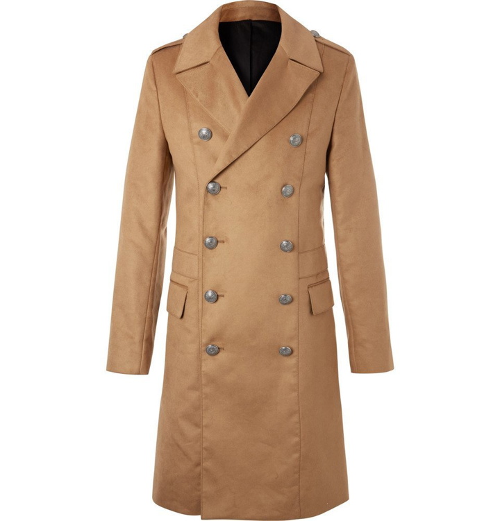 Photo: Balmain - Slim-Fit Double-Breasted Faux Suede Coat - Camel
