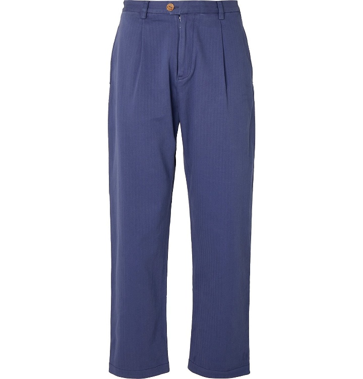 Photo: SMR Days - Tapered Pleated Herringbone Cotton Trousers - Blue
