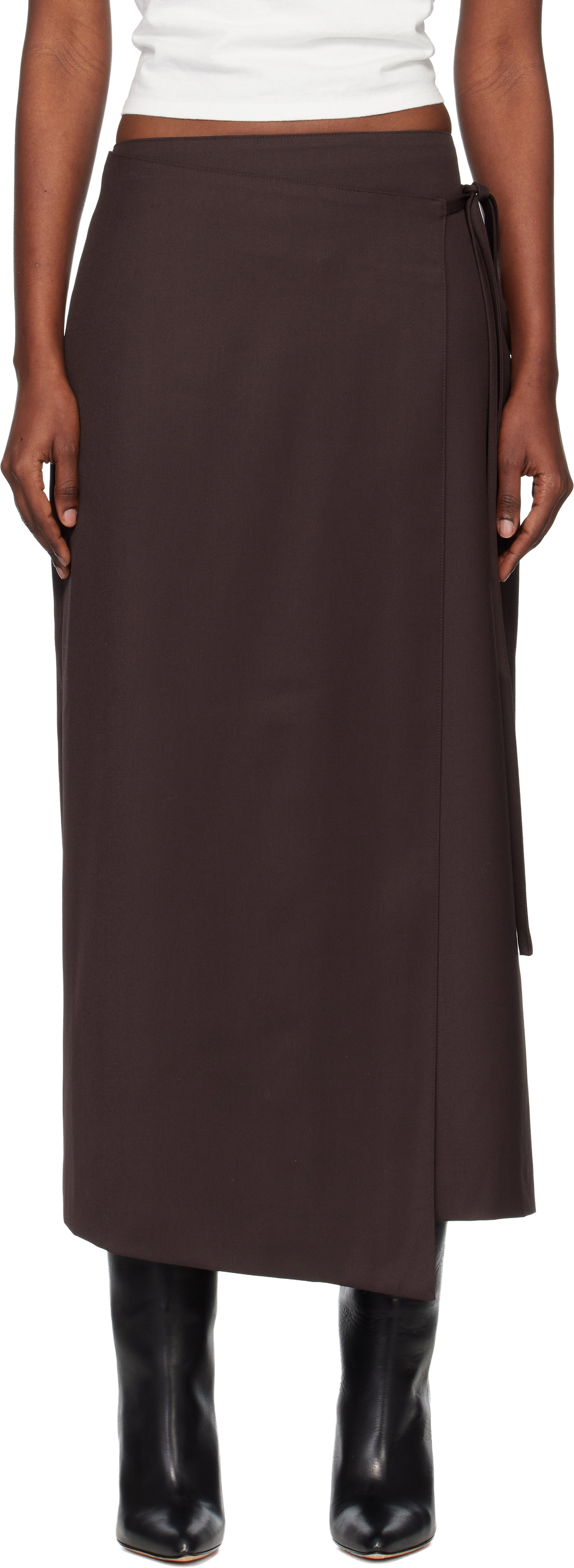 TONYWACK Brown Wool Wrap Midi Skirt