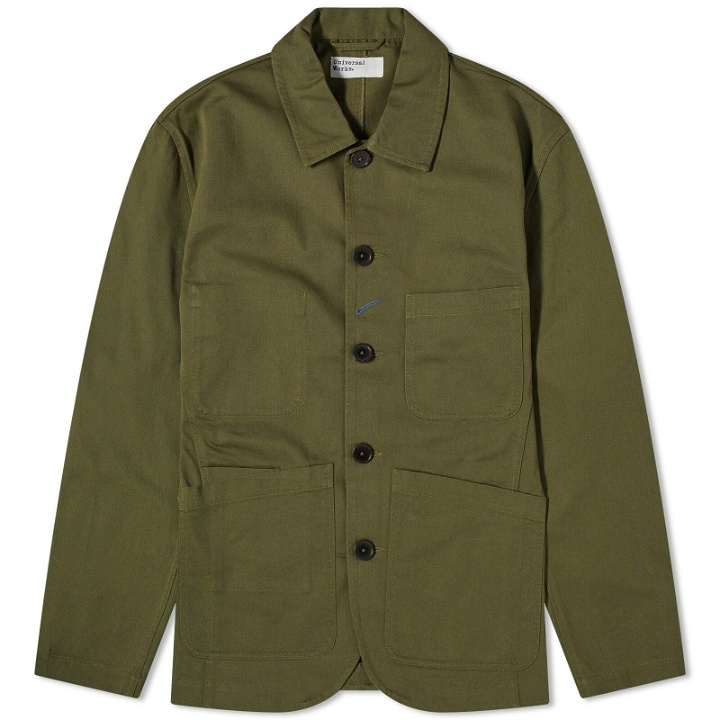 Photo: Universal Works Men's Twill Bakers Jacket in Light Olive